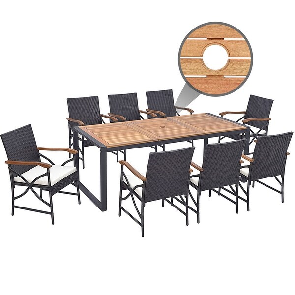Costway 9 Pieces Patio Rattan Dining Set with Acacia Wood Table,1.9