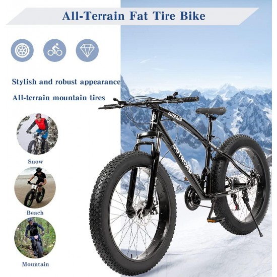 Fat Tire Mountain Bike 21 Speed Derailleur, with High Carbon Steel Frame, Double Disc Brake and Front Suspension Anti-Slip Bikes with 26 inch Wheels