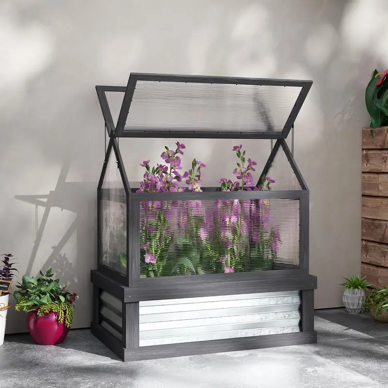 Wooden Raised Garden Bed with Polycarbonate Peak-Roof Greenhouse – 35.5″ x 22.5″ x 38.25″, Gray Cold Frame Planter