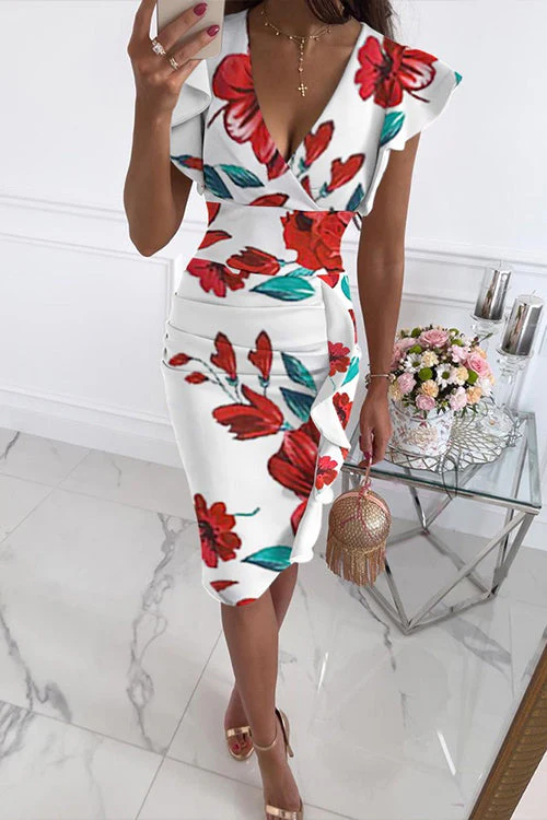 Floral Ruffle V-Neck Sleeveless Sheath DressClistos