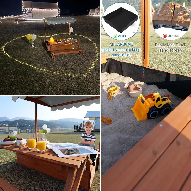 Wooden Foldable Sandbox with Lid and Integrated Picnic Table – Covered Sand Play Center