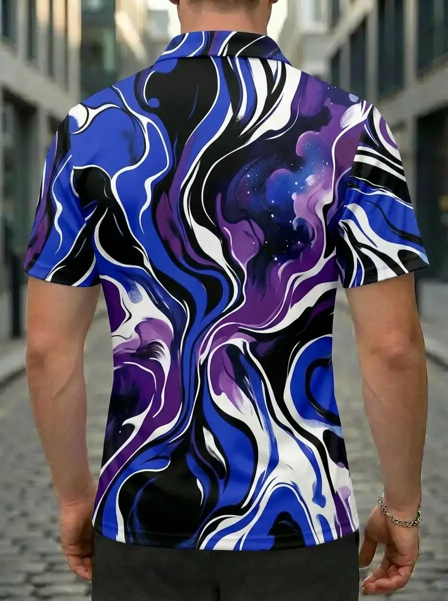Moisture Wicking Golf Polo 3D Blue Purple Black Swirl Watercolor Button Short Sleeve Golf Polo Shirt