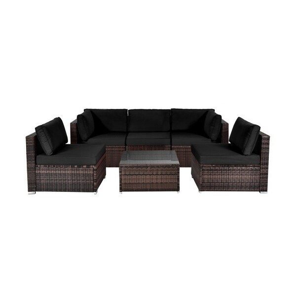 6 Pieces Patio Rattan Furniture Set with Cushions and Glass Coffee Table
