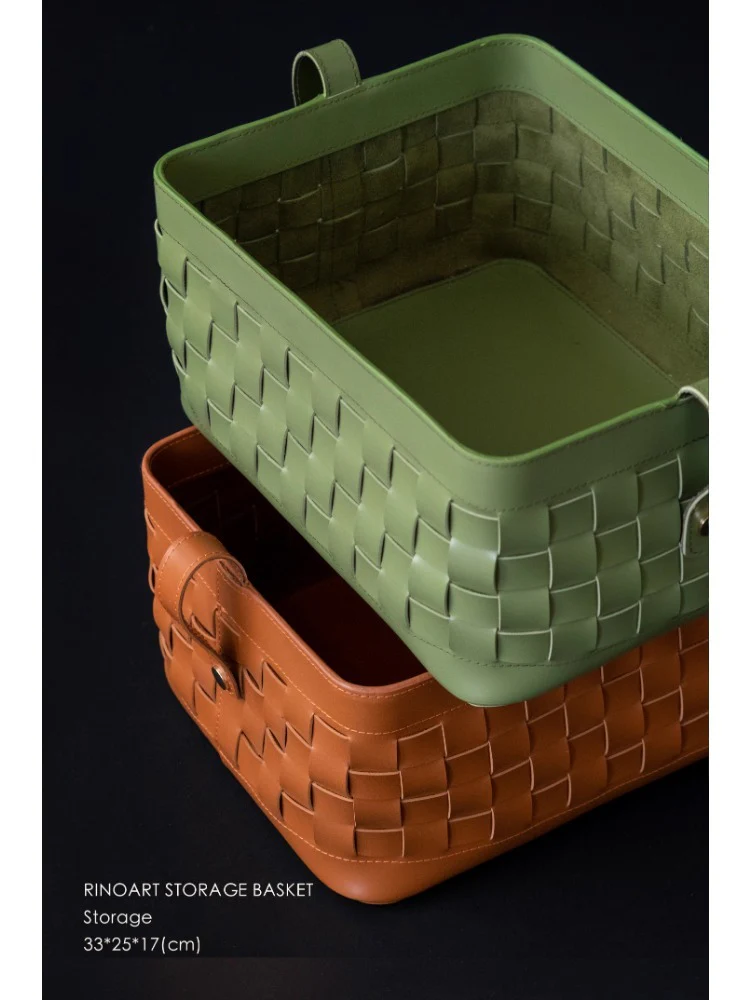 DC071 - Home Decor BV new color antique green/amber orange classic woven storage basket, saddle leather, high-value dirty clothes basket