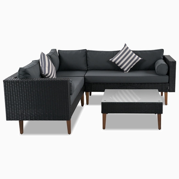4pieces Black Wicker Rattan Outdoor Sofa Set With Colorful Pillows and Grey Cushions
