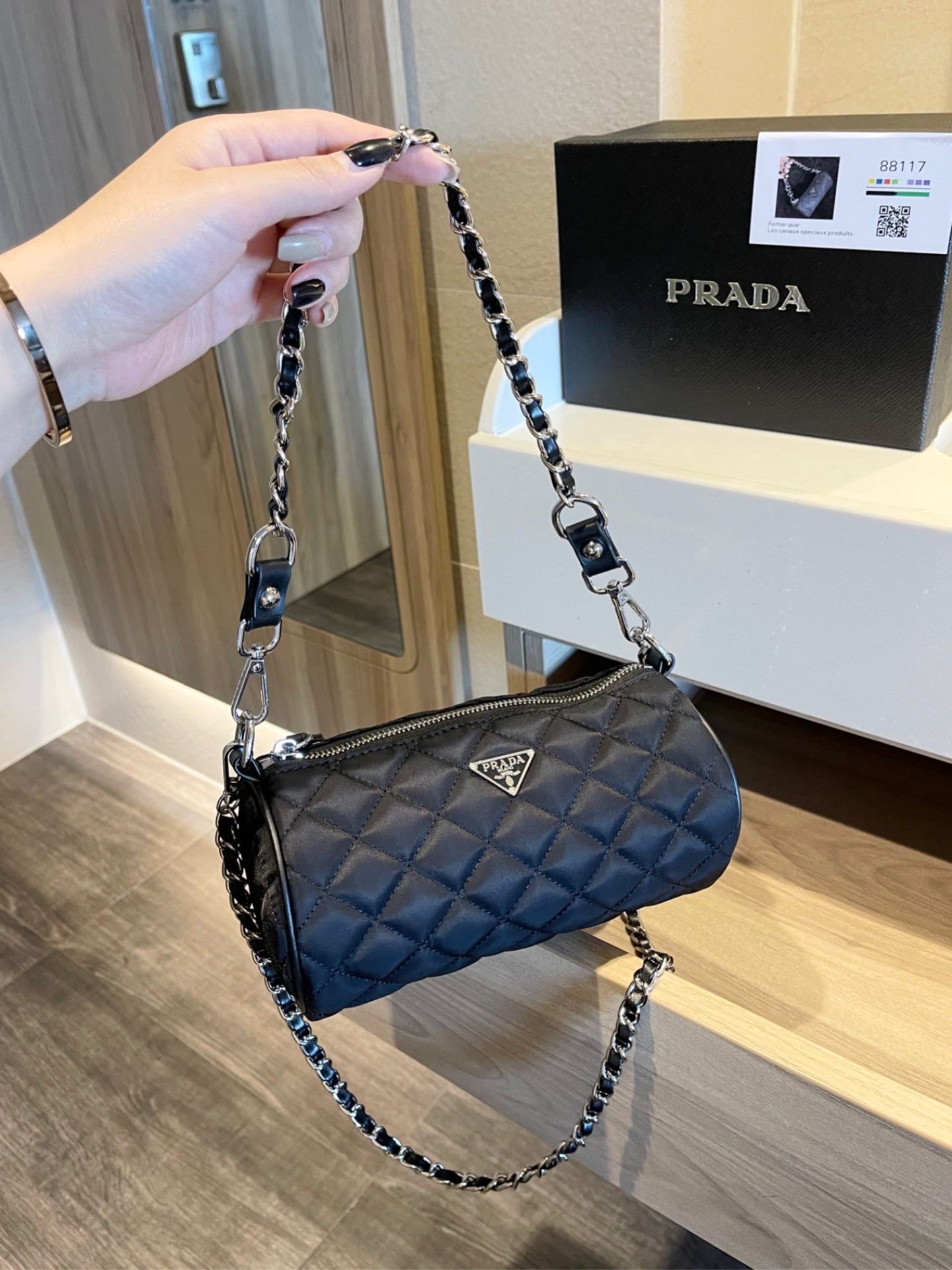 Prada Tessuto Black Quilted Barrel Bag Black 20Cm