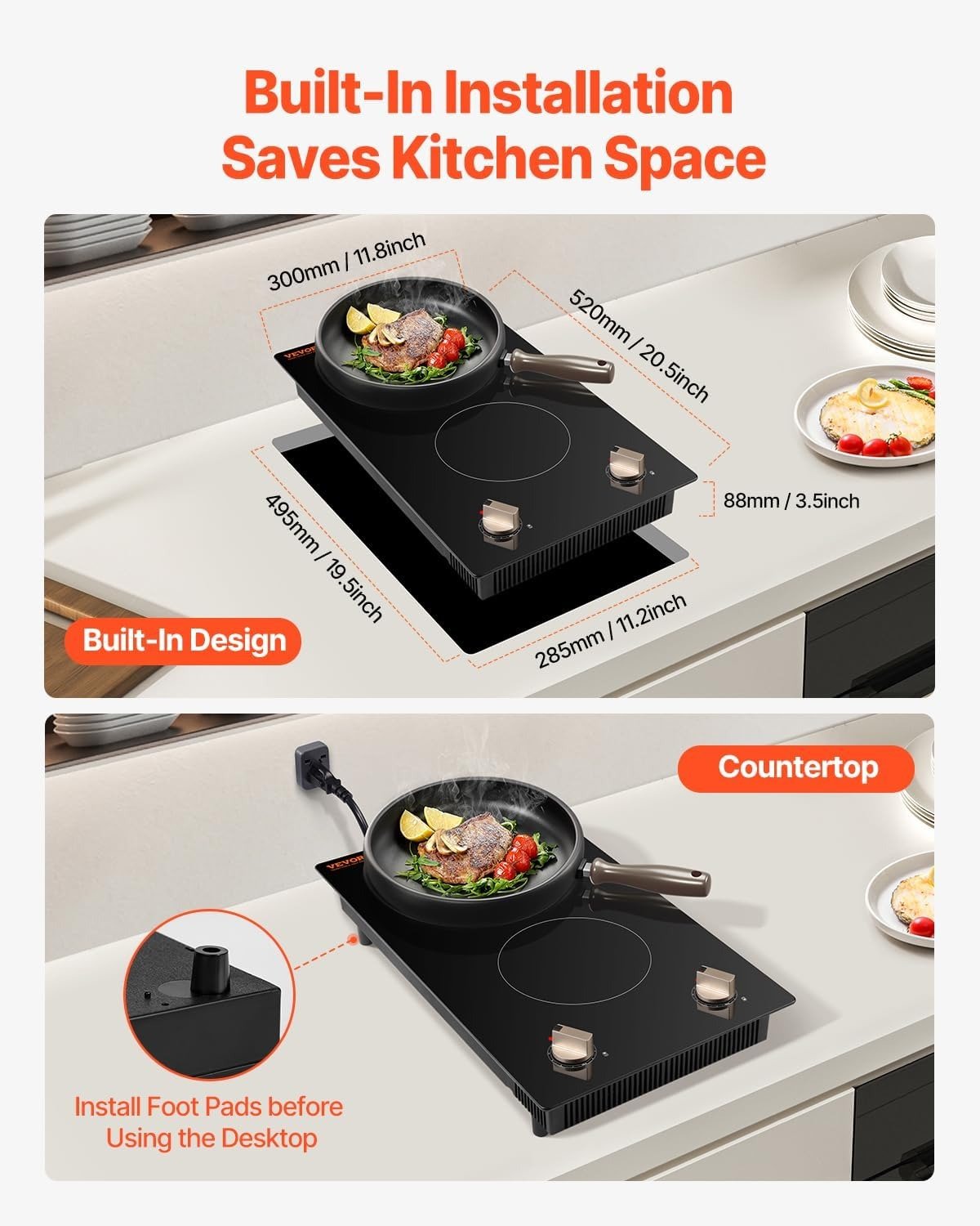 1800W Electric Countertop Burner, 2 Burner Knob Control Stove, Built-in Induction Cooktop with 12 Temperature Settings, Glass Surface, Auto Shut-Off