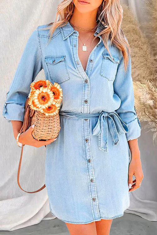 Tie Waist Denim Shirt Dress with Rolled SleevesClistos
