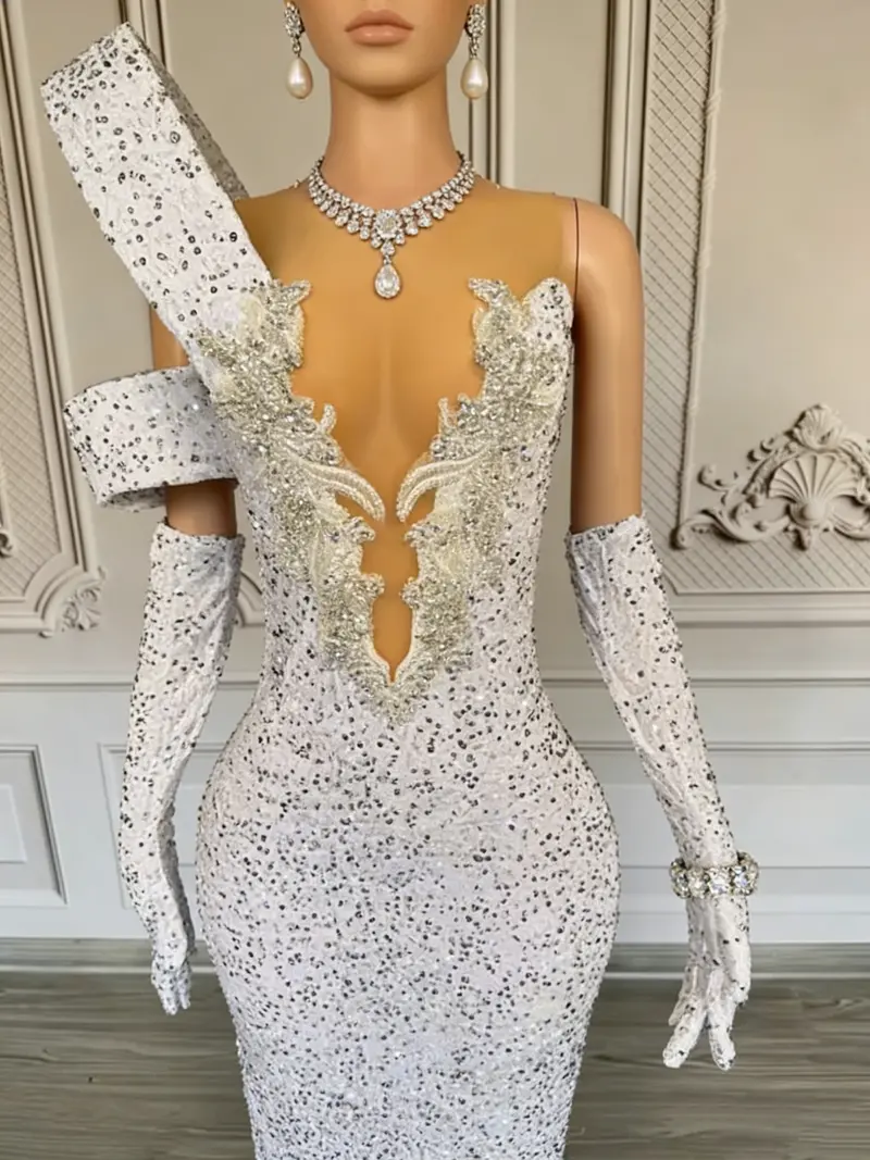 White Sequined Mermaid Formal Gown – Deep V-Neck, Asymmetrical Shoulder, Full-Length Evening Dress