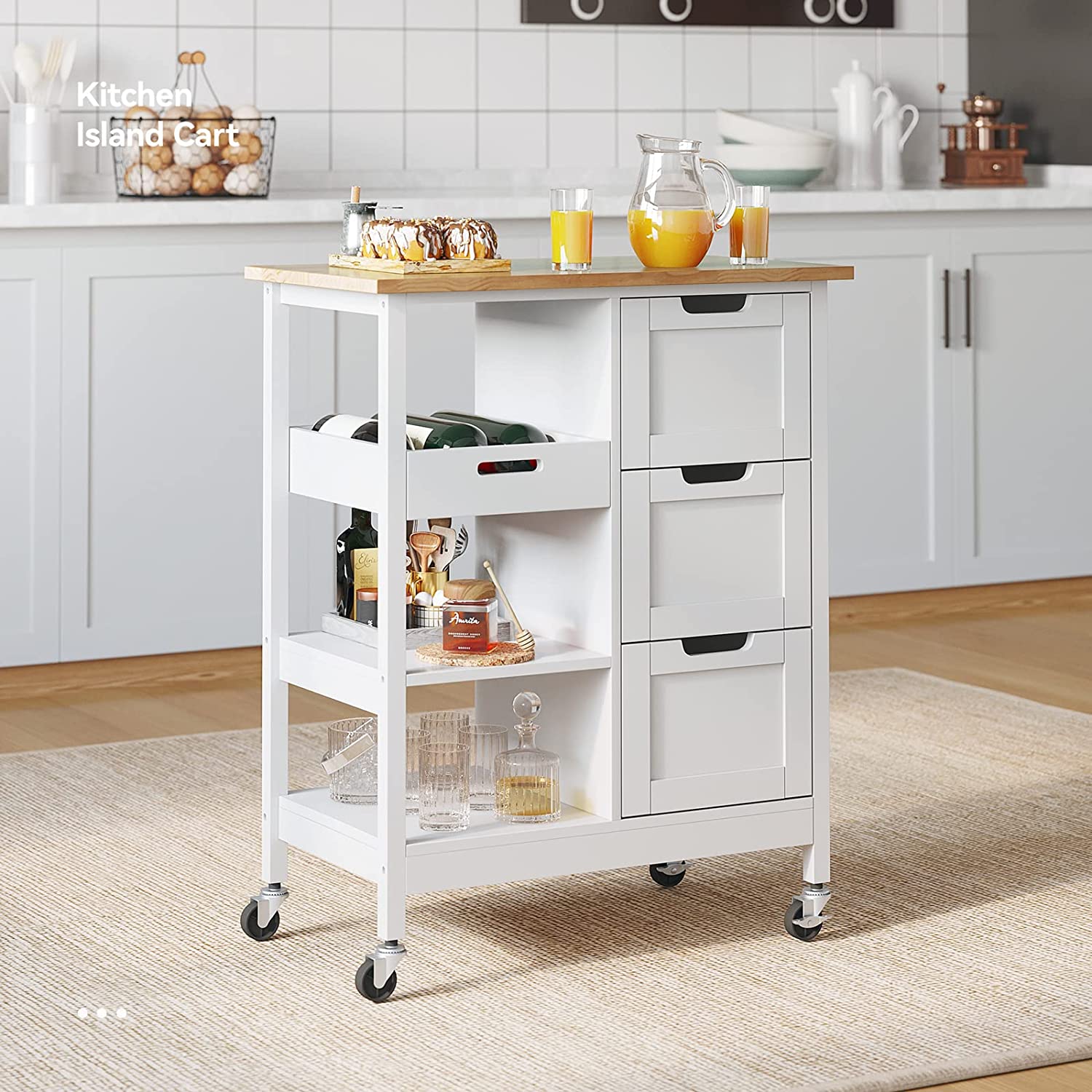 DWVO Kitchen Island Cart with Storage, Rolling Serving Utility Trolley Cart On Wheel with 3 Drawers and 3 Storage Shelves, White