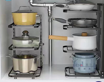 3-4 layers adjustable pot and pot rack organizer Rak Bawah Sinki stainless steel kitchen pot and pot storage rack