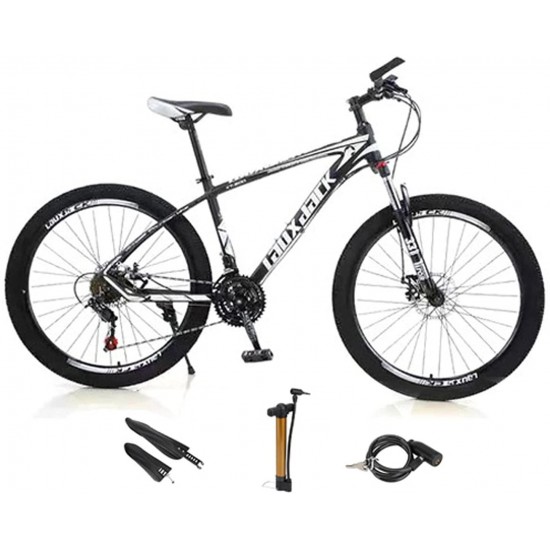 Mens Mountain Bike 27.5-Inch Wheels, Alumiunm Frame, 21 Speed Thumb Shifter, Front Suspension, Dual Disc Brakes Women Adult Bicycles White-Black w/mudguards, Bike Lock, Air Pump