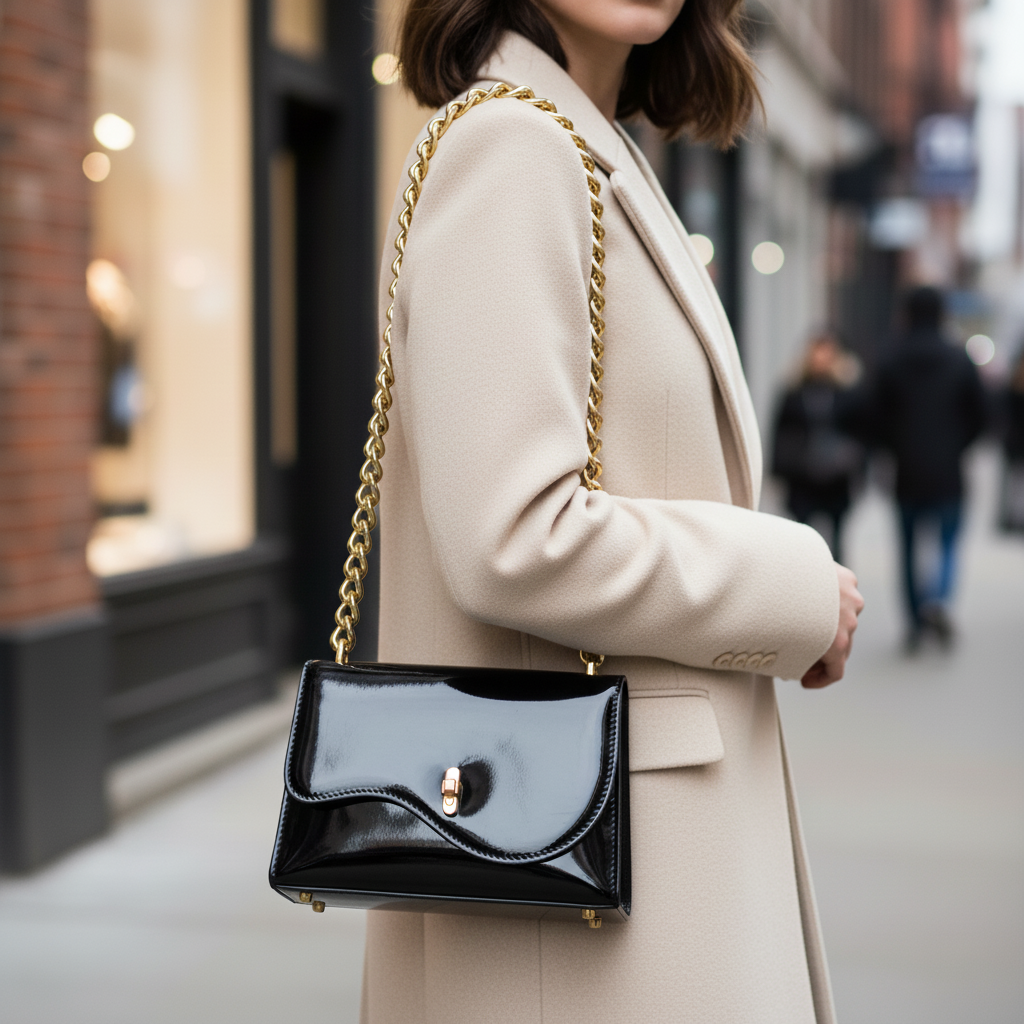 Black Patent Leather Chain Shoulder Bag