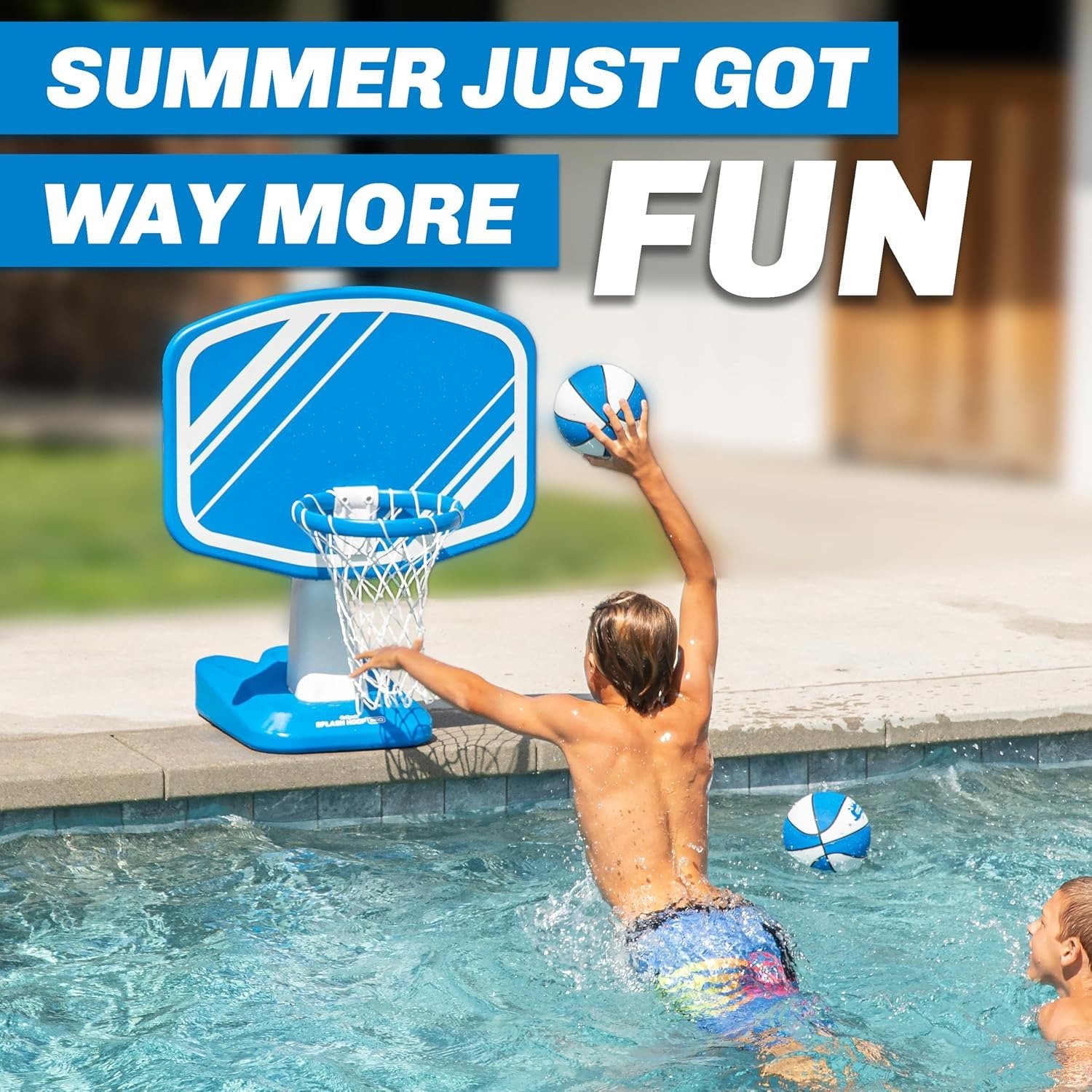 Splash Hoop Swimming Pool Basketball Game, Includes Poolside Water Basketball Hoop, 2 Balls and Pump
