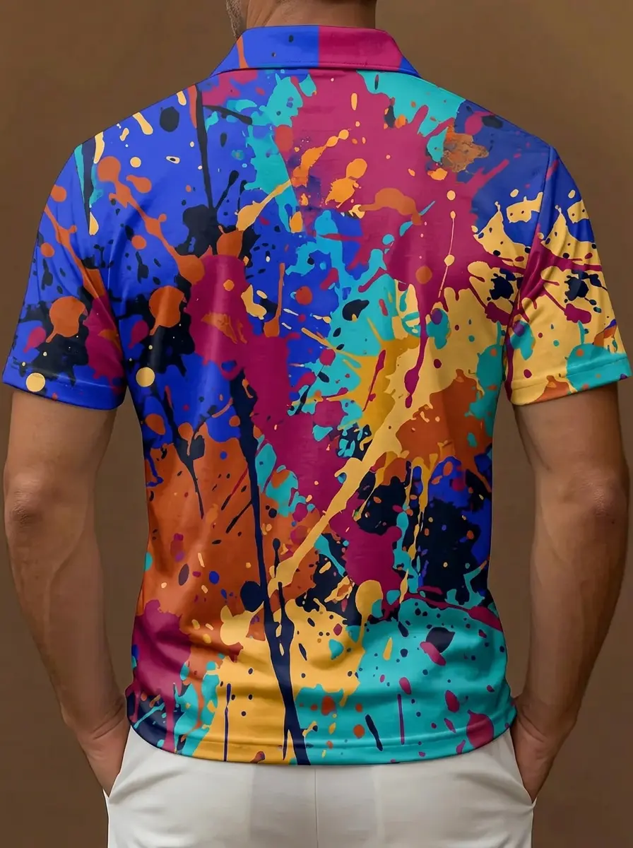 Multicolor Paint Splatter Abstract Print Short Sleeve Golf Polo Shirt