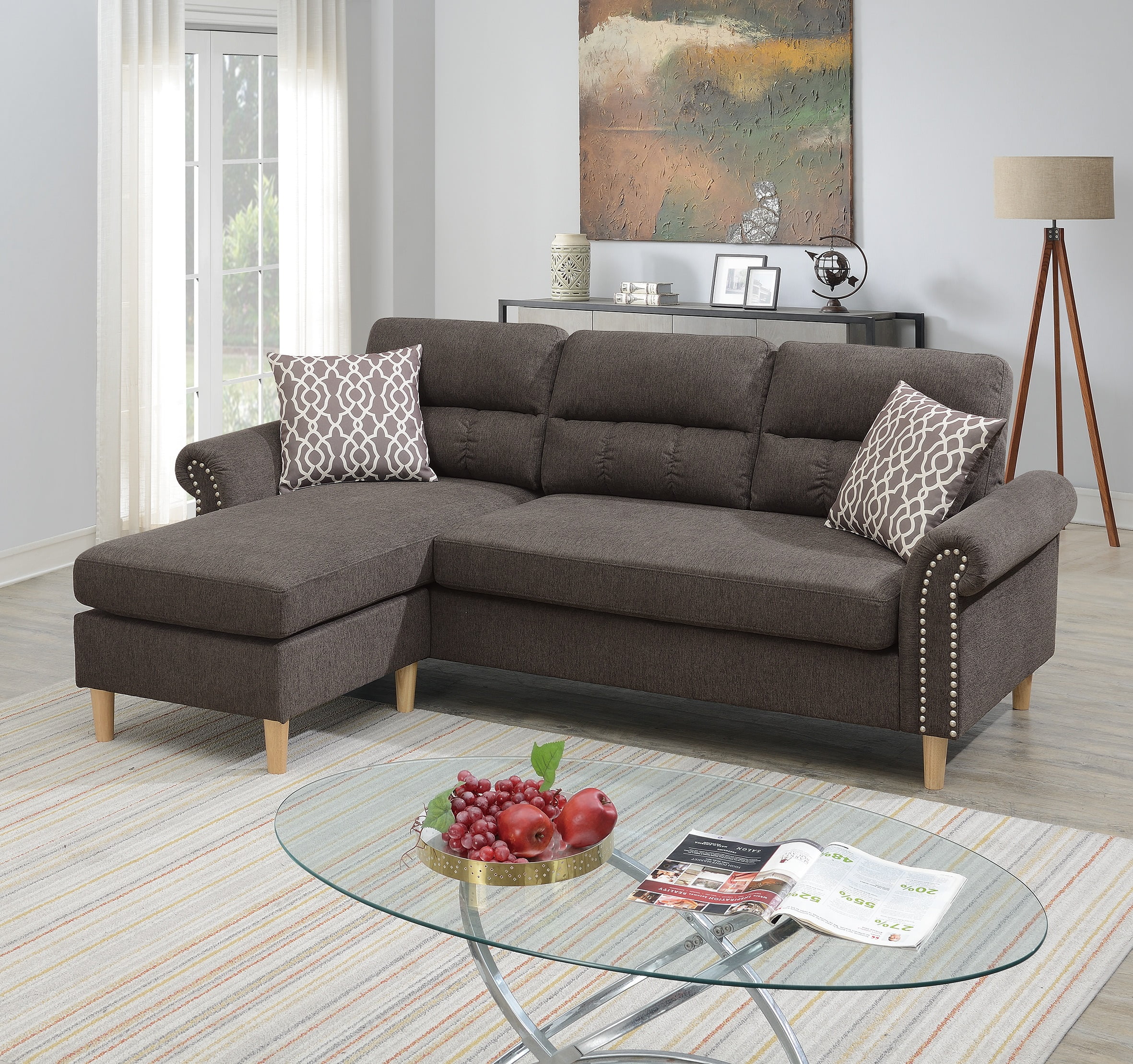 Bornmio Tan Color Polyfiber Reversible Sectional Sofa Set Chaise Pillows Plush Cushion Couch Nailheads