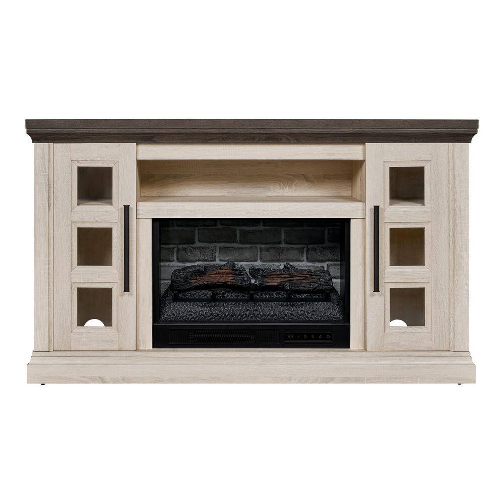 StyleWell Chelsea 58 in. Freestanding Electric Fireplace TV Stand in Light Taupe Ash Grain w Charcoal Top HDFP58-63E