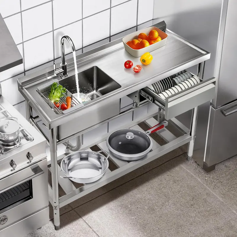 YORKING Freestanding Stainless Steel Utility Sink – Single-Bowl Heavy-Duty Kitchen or Workshop Sink