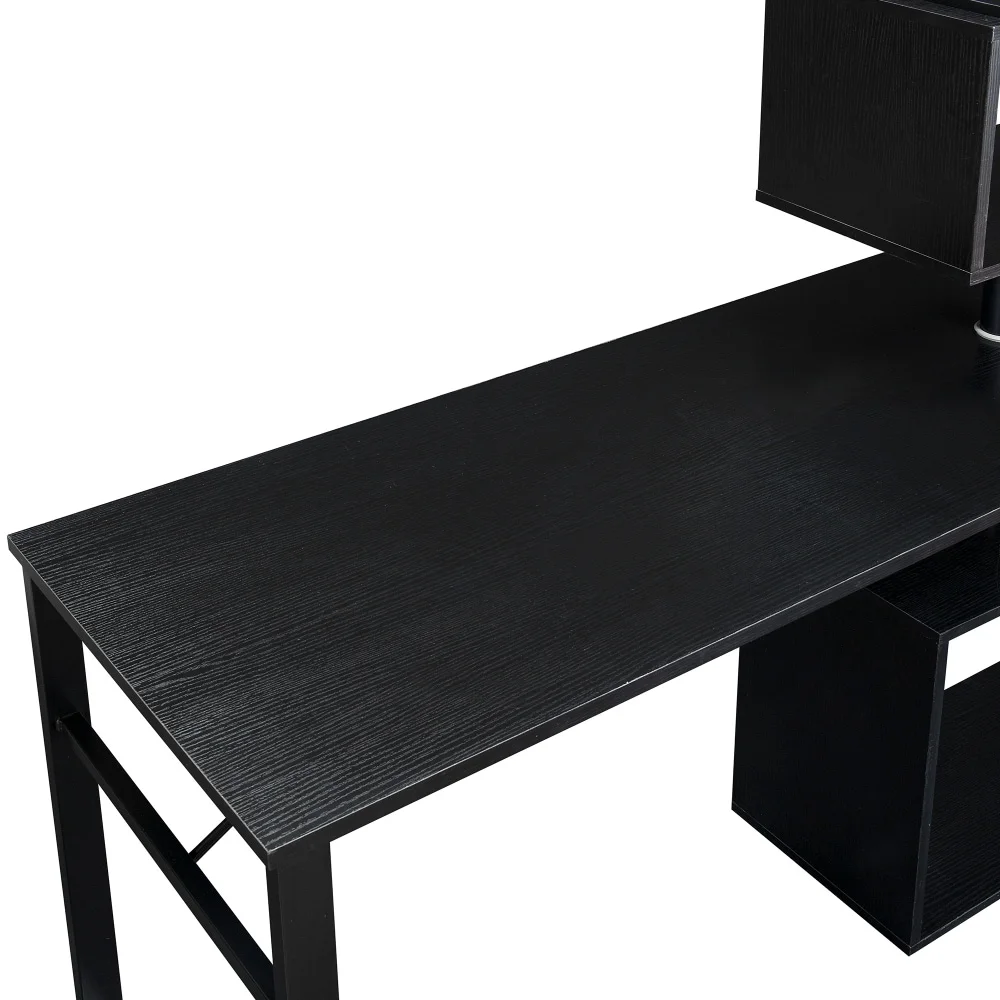 Home Office Computer Desk L-Shaped Corner Table, Rotating Computer Table with 5-Tier Bookshelf, Lockable Casters Black