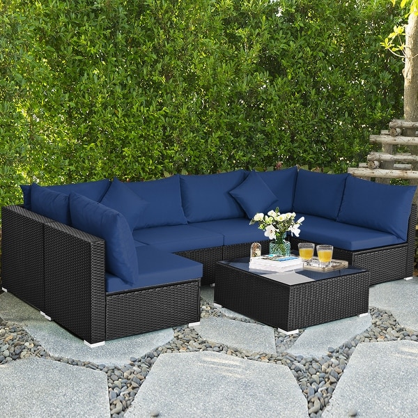 Gymax 7PCS Rattan Patio Conversation Set Sectional Furniture Set w/