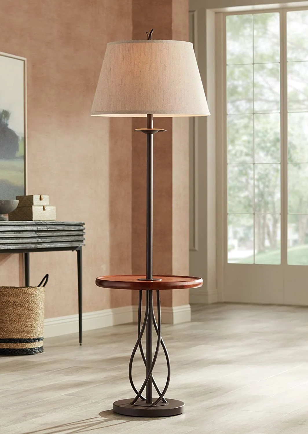 RUNFAYBIU Rustic Farmhouse Country Cottage Floor Lamp with Tray End Table 63.5" Tall Wood Twisted Iron Base Brown Linen Fabric Tapered Drum Shade for Living Room Reading House Bedroom