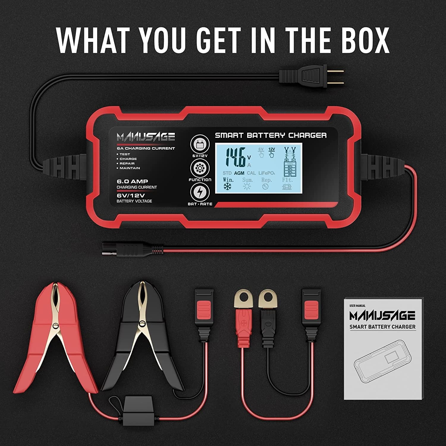 Manusage 10-Amp Fully-Automatic Smart Charger, 6V and 12V Portable Automotive Car Battery Charger, Battery Maintainer, Trickle Charger,Battery Desulfator with Temperature Compensation, AGM,Deep Cycle