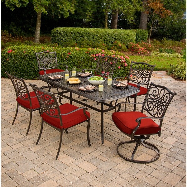 Cambridge Seasons 7Piece Dining Set in Red with 2 Swivel Rockers,4 Dining Chairs,and a 72In. x 38In. Casttop Table