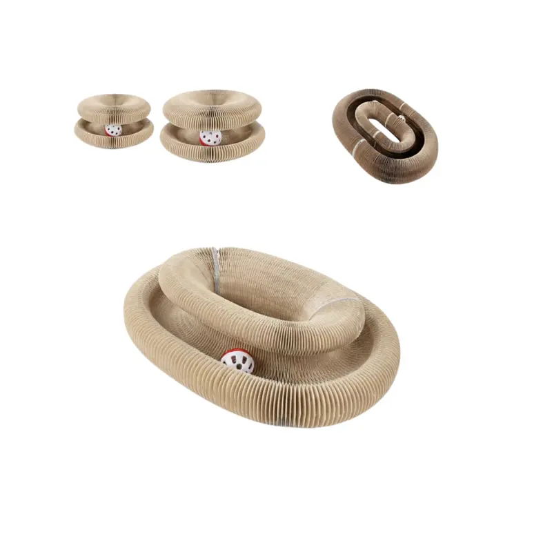 Two-Piece Corrugated Cardboard Cat Scratcher – Accordion Design with Attached Ball