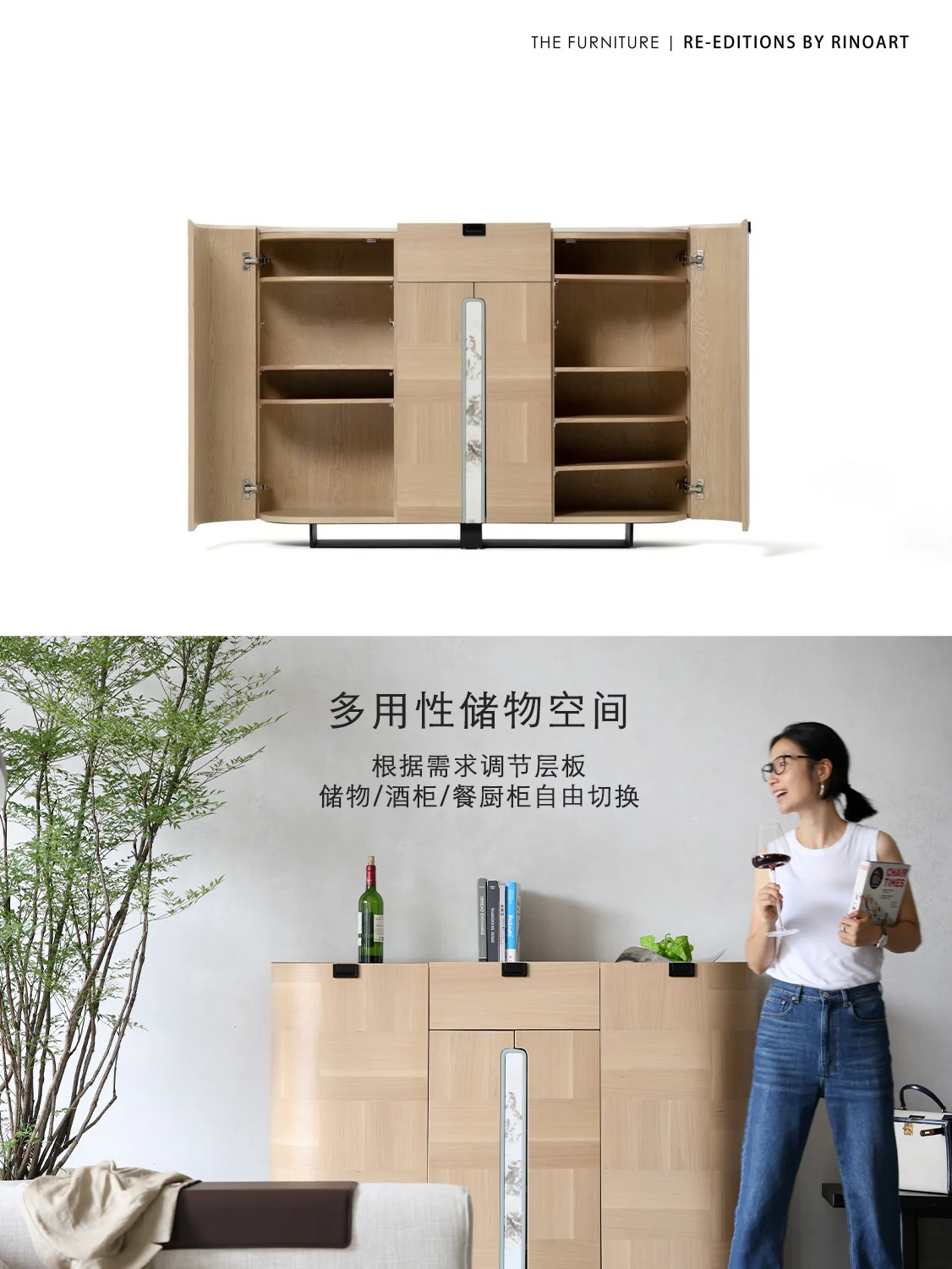 GA036 - ITALY Large Capacity Shoe Cabinet Solid Wood Adjustable Layer Board Marble Pattern Multi-use Dining Side Cabinet Foyer Cabinet