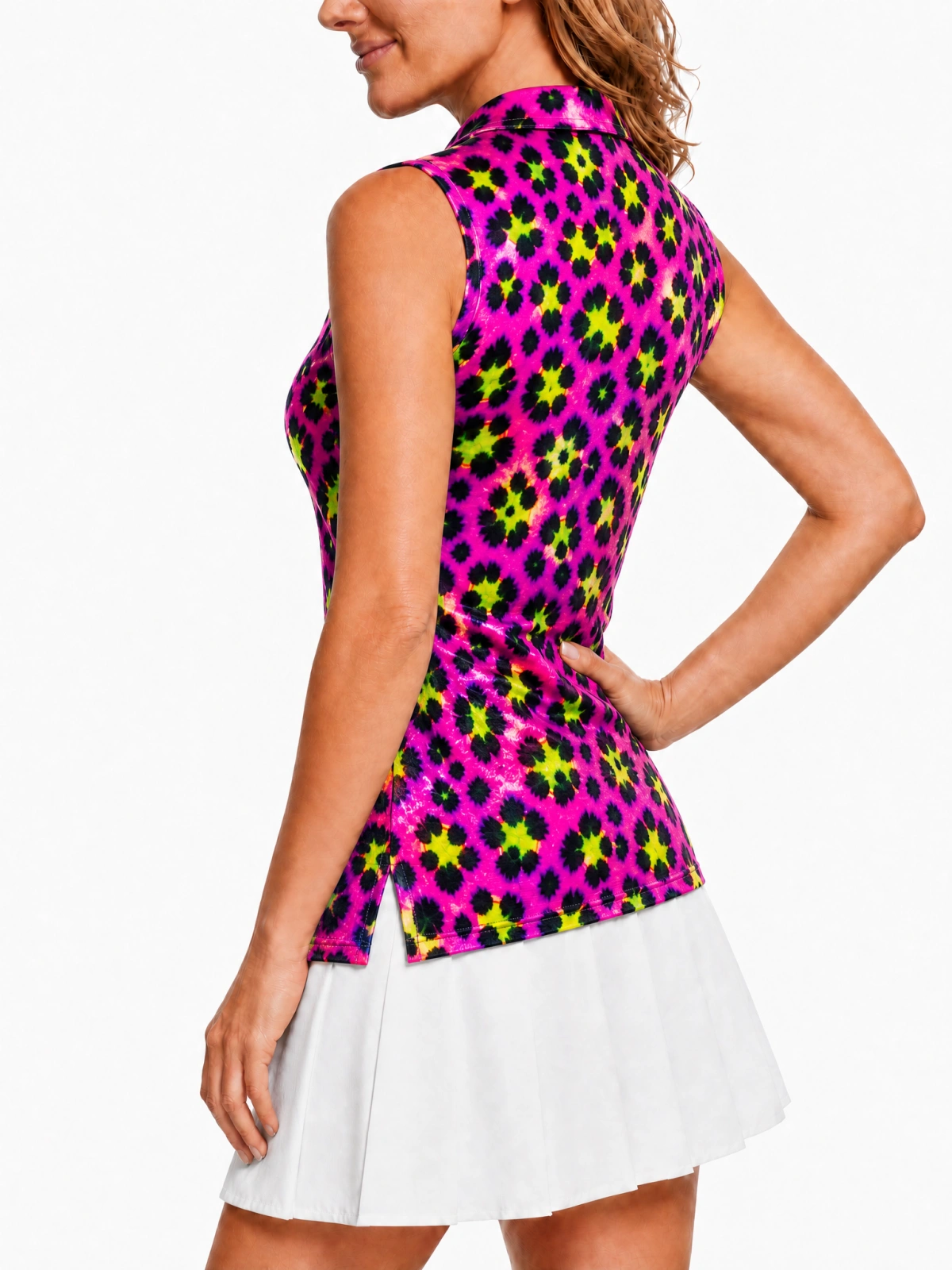 Women Sleeveless Quick Dry Golf Polo Shirt, Neon Pink Green Shiny Leopard Print