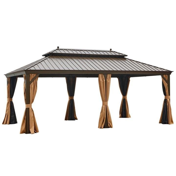12’x20′ Galvanized Steel Hardtop Gazebo Double-Roof Pergola w/ Netting Curtain