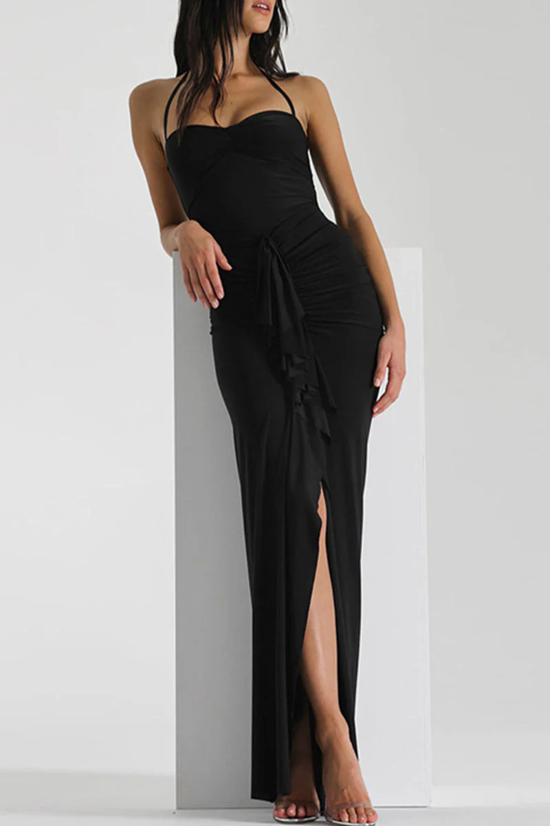 Elegant Backless Halter Maxi Dress with SlitClistos