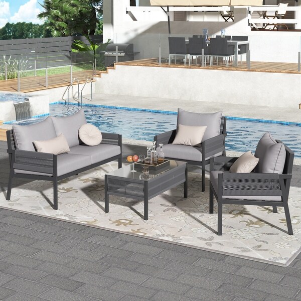 Rope Patio Conversation Set with Tempered Glass Table (4 Pieces)