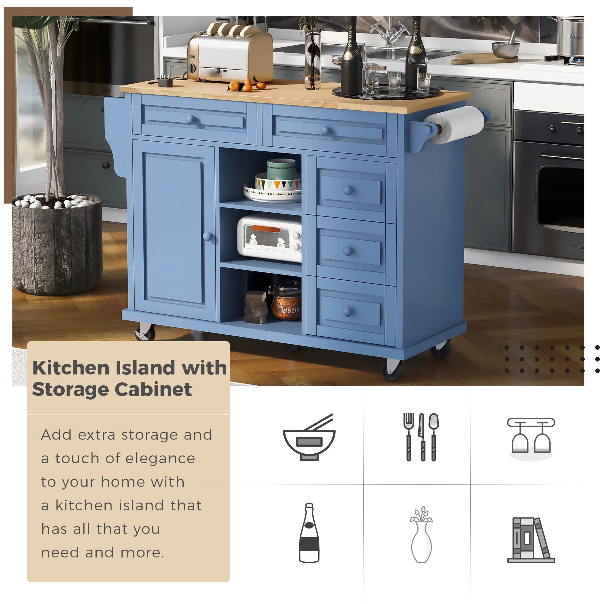 COOKCOK Kitchen Cart with Wood Countertop,Rolling Mobile Kitchen Island Cart with 5 Drawers,Open Storage Shelves,Towel Rack,53