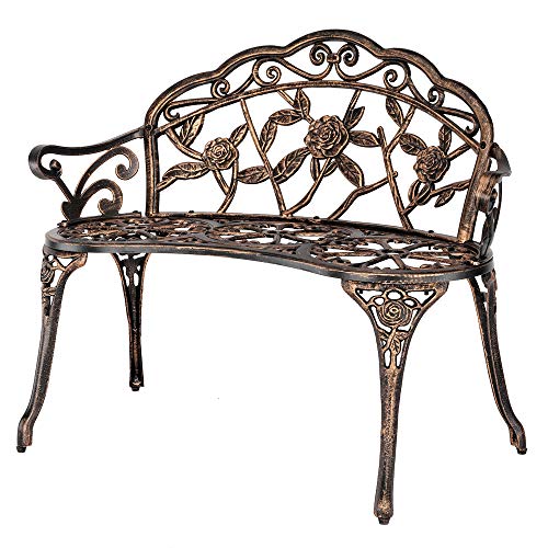 Outdoor Bench, Patio Outdoor Garden Bench, Cast Aluminum Metal Loveseat Chairs for Park, Yard, Porch, Lawn, Balcony, Backyard, Antique Floral Rose Accent Seat Furniture(Green)