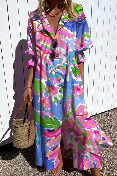 Button Down Ruched Maxi Dress with Balloon SleevesClistos