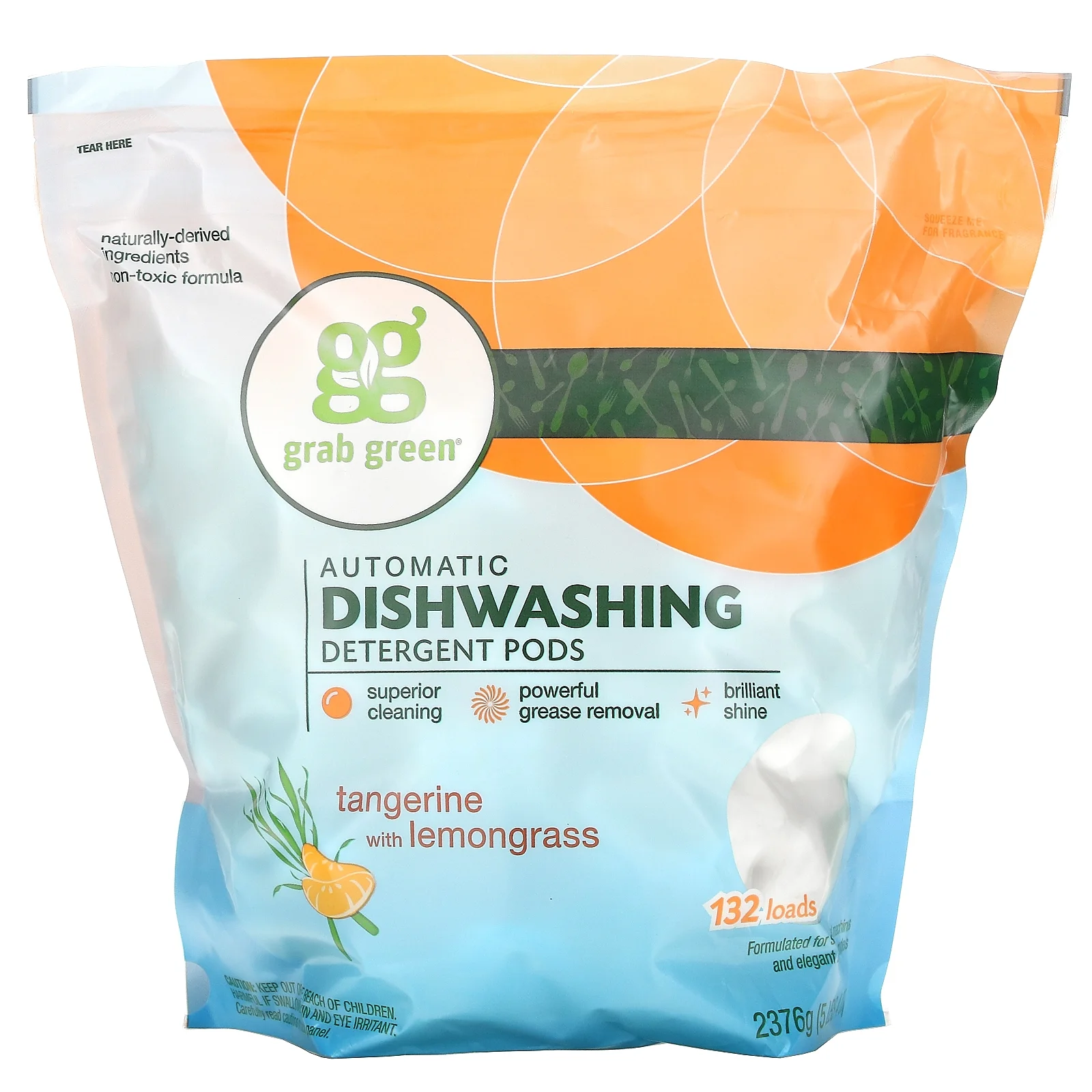 Grab Green Natural Dishwasher Detergent Pods, Tangerine + Lemongrass-With Essential Oils, 132 Count, Organic Enzyme-Powered, Plant & Mineral-Based