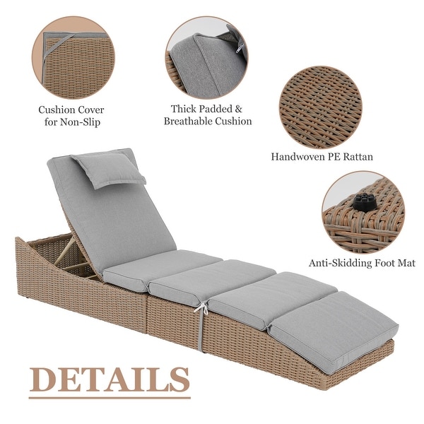 Patio Wicker Chaise Lounge Recliner Foldable Chair,w/ 5 Adjustable Back Positions and Cushion