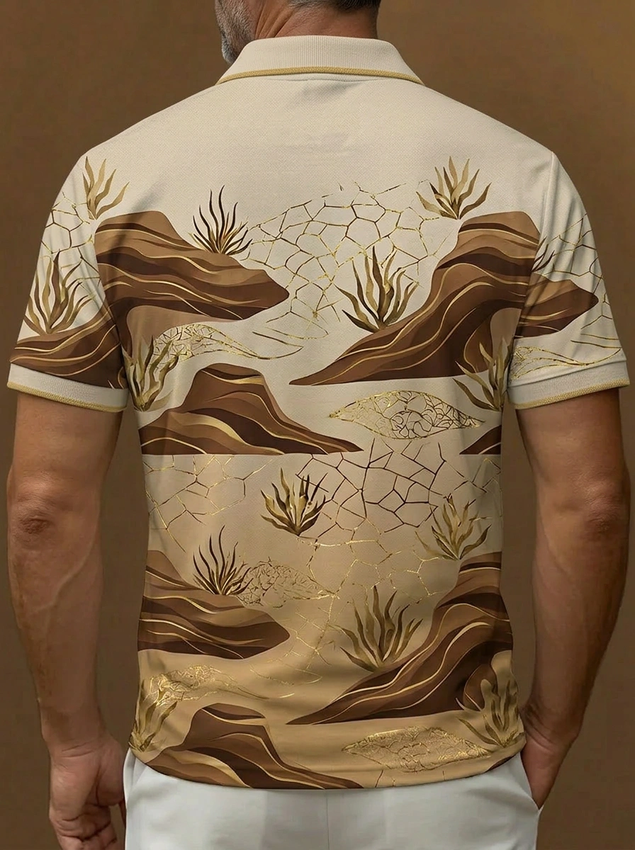 Beige Brown Desert Landscape Print Short Sleeve Golf Polo Shirt