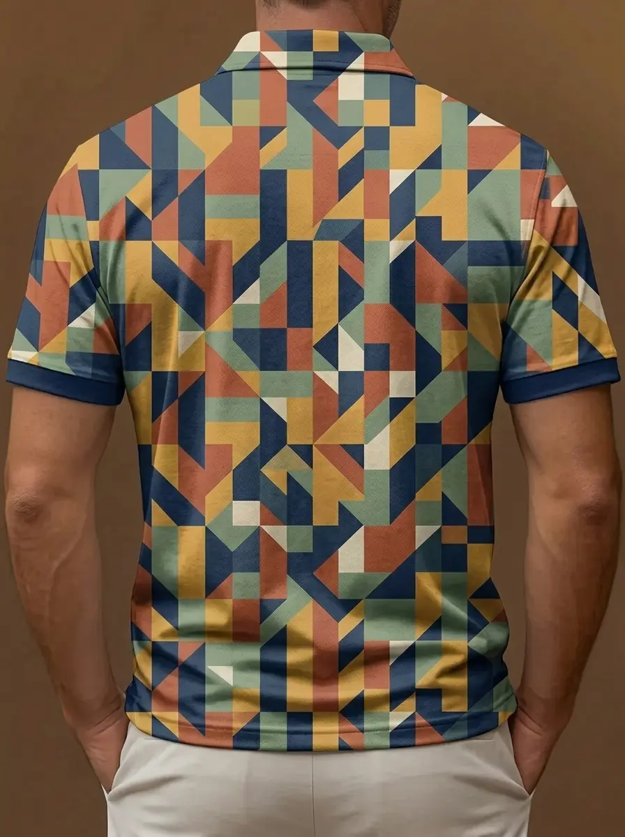 Retro Multicolor Geometric Block Print Short Sleeve Golf Polo Shirt