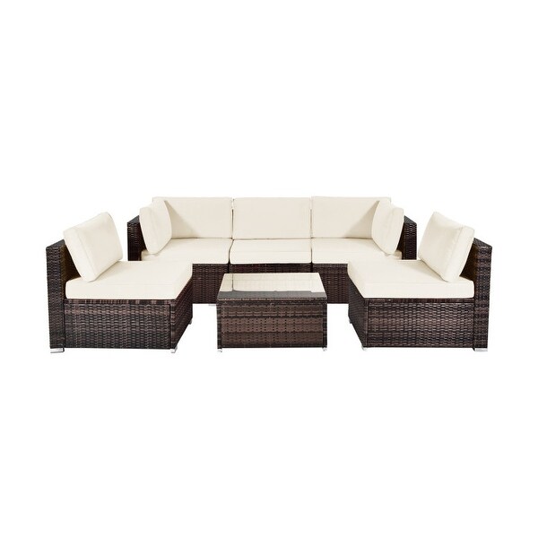 6 Pieces Patio Rattan Furniture Set with Cushions and Glass Coffee Table
