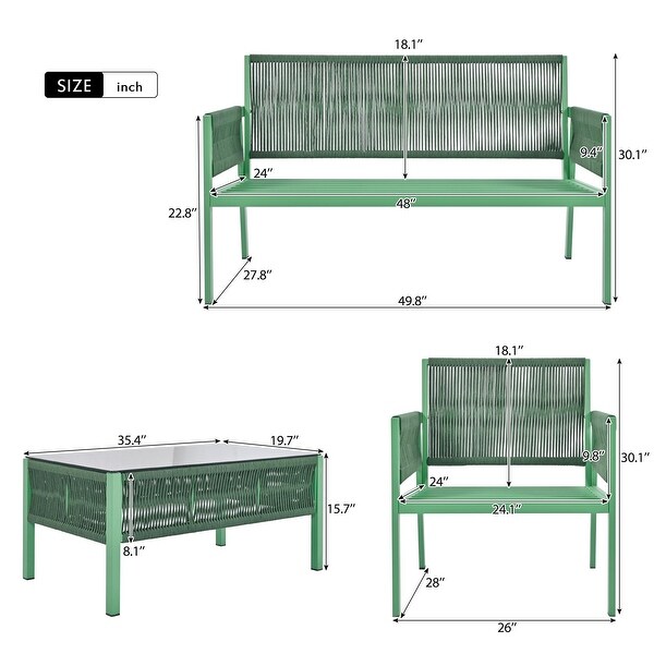 Rope Patio Conversation Set with Tempered Glass Table (4 Pieces)