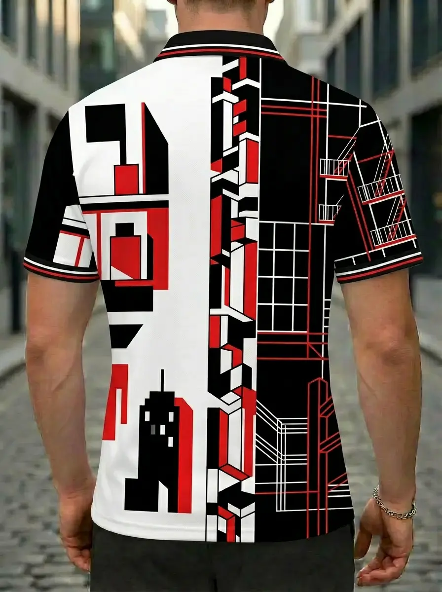 Moisture Wicking Golf Polo 3D Red Black White Urban Architecture Button Short Sleeve Golf Polo Shirt