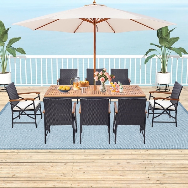 Costway 9 PCS Patio Rattan Dining Set with Acacia Wood Table,