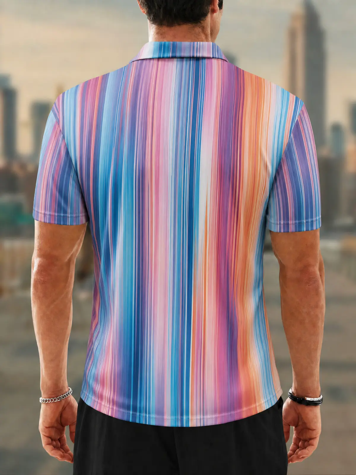 Moisture Wicking Golf Polo 3D Gradient Vertical Stripe Button Short Sleeve Golf Polo Shirt