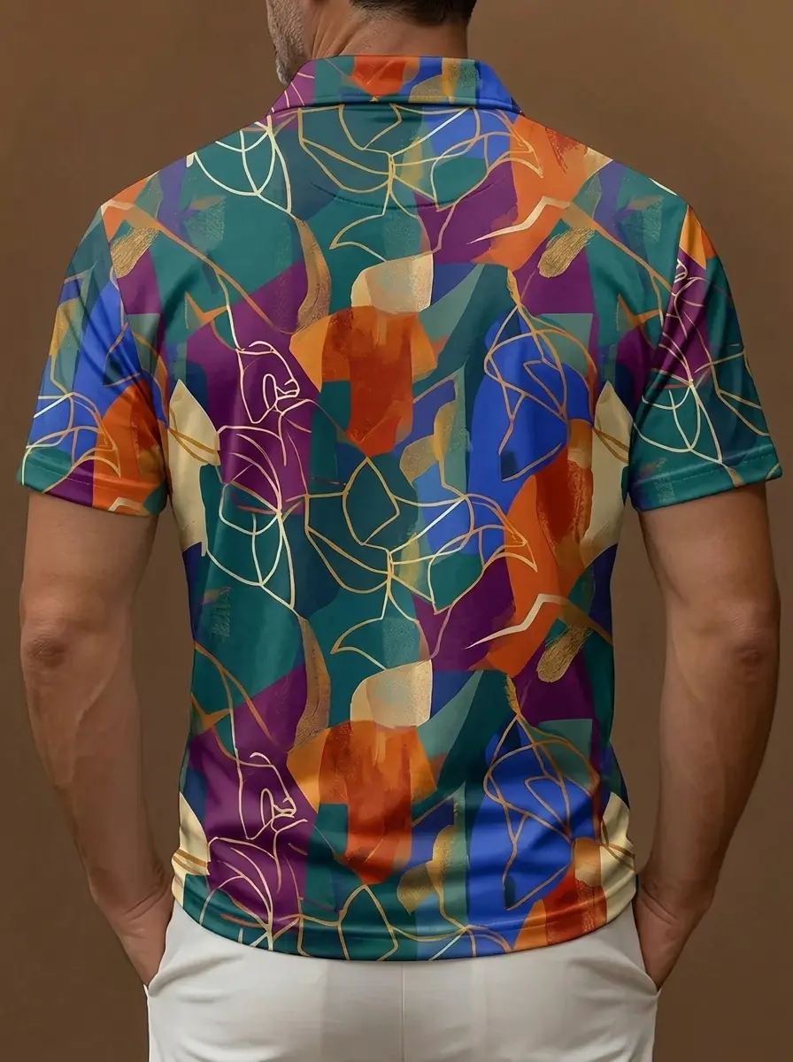 Multicolor Abstract Geometric Print with Gold Lines Short Sleeve Golf Polo Shirt