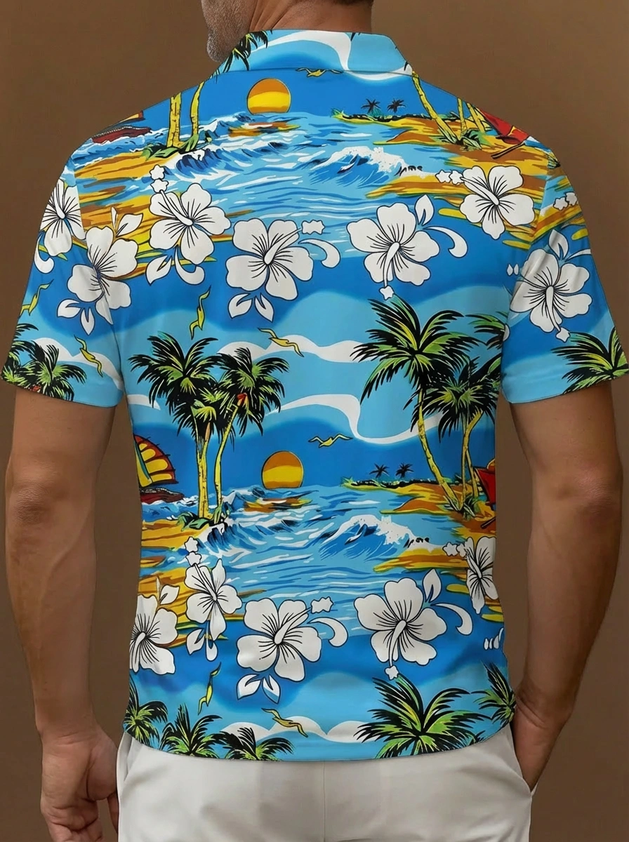 Blue White Hibiscus Beach Sunset Pattern Button Short Sleeve Golf Polo Shirt