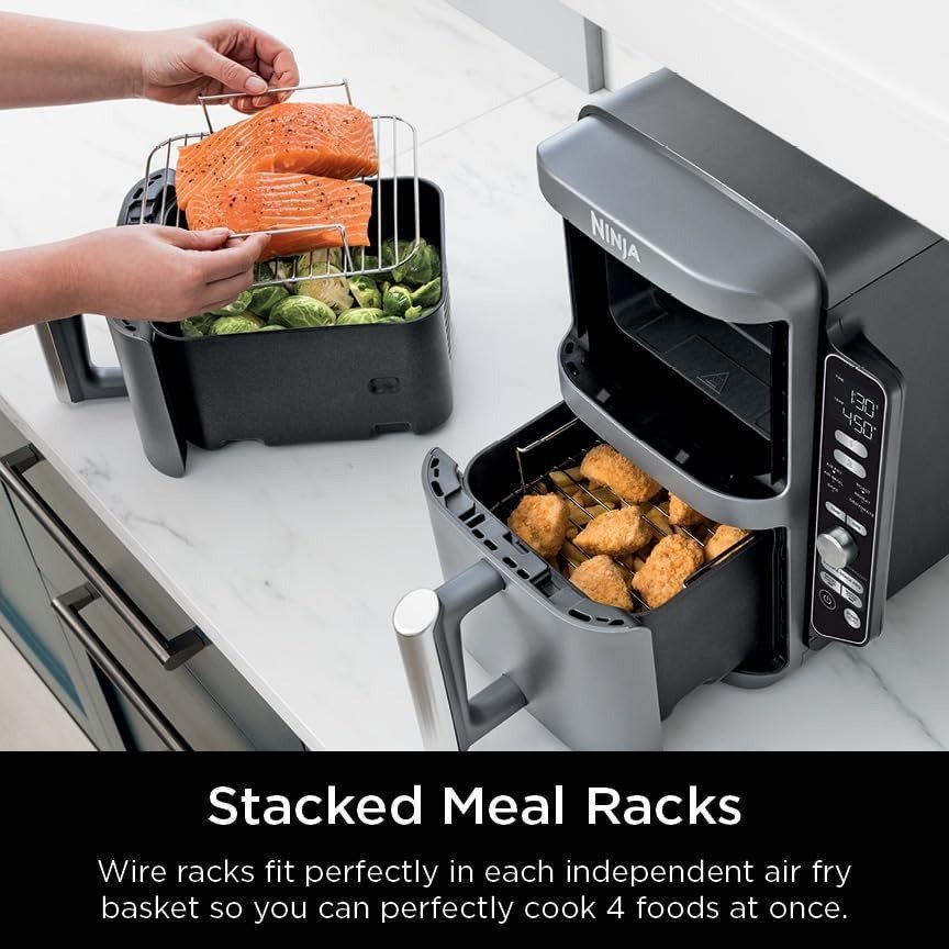 10QT DoubleStack 2-Basket Air Fryer, 4-Food Cooking, Smart Finish, Space-Saving Design, Grey