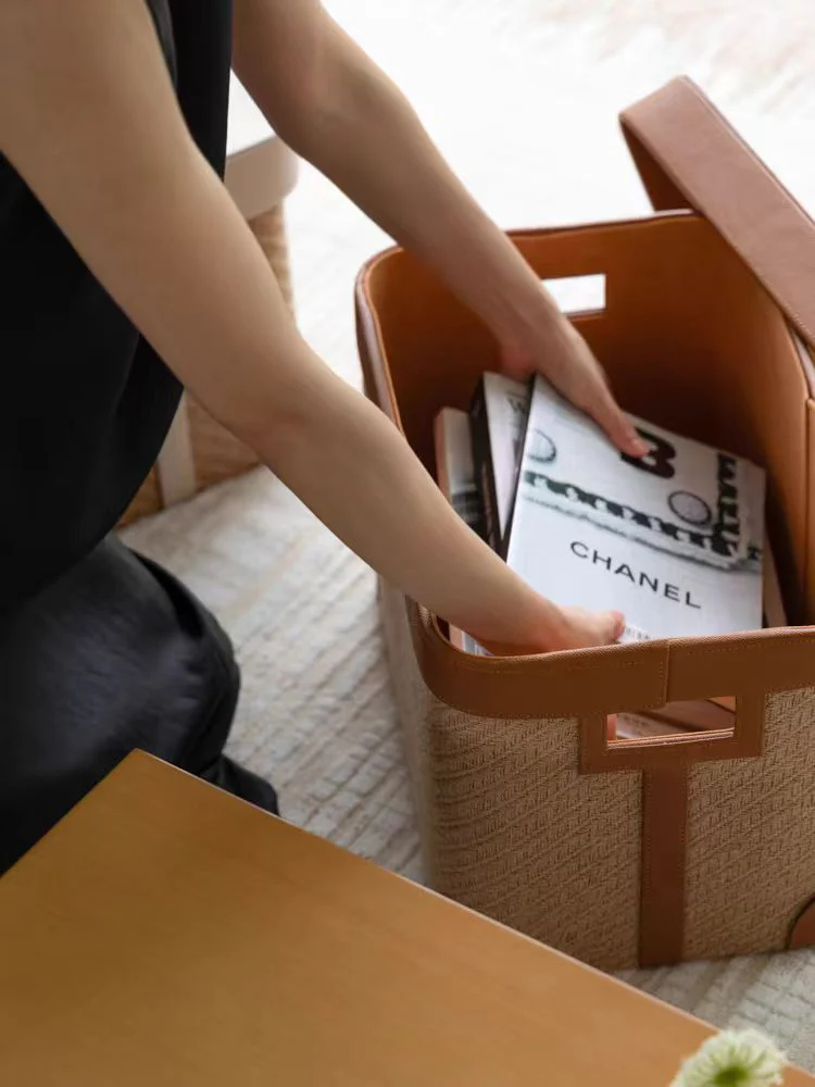 DC169 (Single) - Home Decor Hermès flax hand-woven Italian fine leather dirty clothes basket with lid, multi-purpose storage box