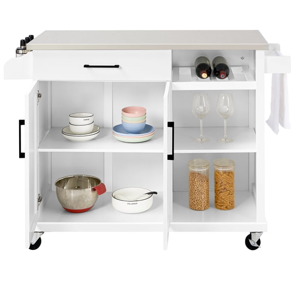 Easyfashion Rolling Kitchen Island Cart with Stainless Steel Top and Storage, White
